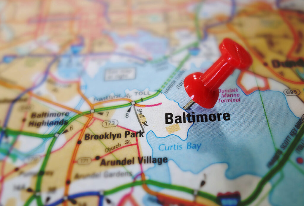Red push pin in a map of Baltimore Maryland
